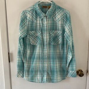Wrangler turquoise white plaid long sleeve button down western shirt Size Medium